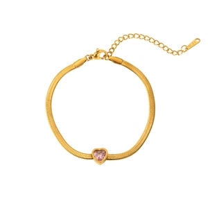 18k gold plated stainless steel flat snake chain bracelet with pink heart zircon