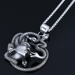 Silver Medusa pendant necklace in stainless steel with hollow design and box chain