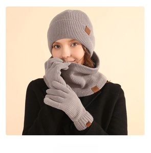 Winter grey knit hat, scarf and touchscreen gloves set with snowflake patch details