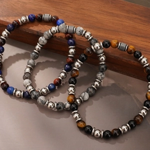 7mm natural stone beaded bracelets with tiger eye, agate and map stone for men