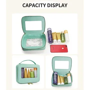 Mint green portable makeup bag with clear window and handle in various capacity views