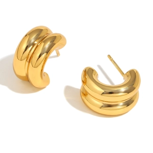 Boucles d'oreilles minimalistes doubles couches épaisses en C, acier inoxydable plaqué or 18K