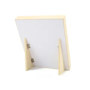 Rear view of wooden jewelry display stand showing dual support legs and metal hinges