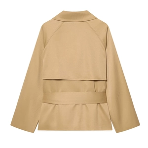 Back view of khaki trench coat featuring storm flap and adjustable waist belt