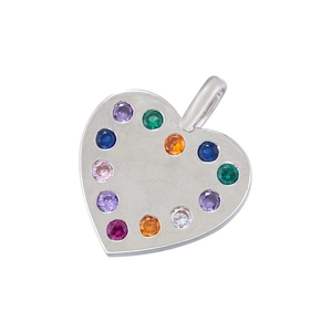 Detail of colorful multi-gemstone heart pendant in polished silver setting
