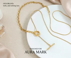Close-up of 18k gold plated OT buckle chain necklace with mixed link textures