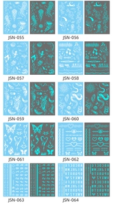 Luminous temporary tattoos catalog featuring jellyfish, stars, and butterfly designs