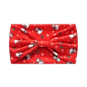 Detail of red Christmas headband with snowman pattern and festive snowflake print