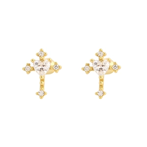 Elegant gold cross stud earrings with heart-shaped crystal center on white background