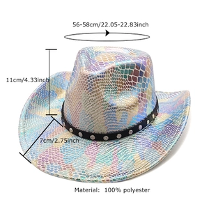 Iridescent snakeskin pattern western cowboy hat with studded band and wide brim