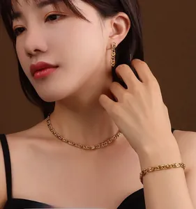 Close-up of gold-plated chunky chain jewelry set featuring spiral metal links on a model