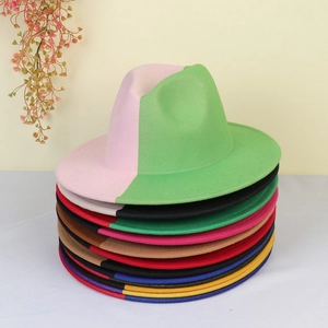 Detailed vertical stack showing various two-tone wool felt fedora hats in multiple colors