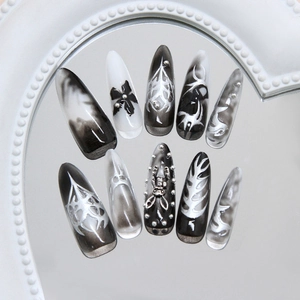 Gothic 3D silver flower press-on nails with black ink smudge and metal rabbit design