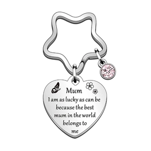 Personalized stainless steel heart keychain with pink rhinestone and star ring for mom