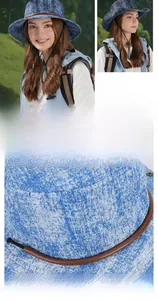 Close-up of washed denim sun hat texture with leather trim and adjustable wind cord