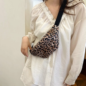 Leopard print crossbody chest bag with adjustable black strap and metal zipper