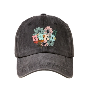 Vintage washed black baseball cap with colorful MAMA floral print design for sun protection