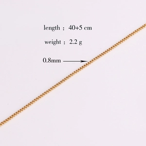 Detailed specs of 0.8mm gold box chain necklace measuring 40+5 cm and weighing 2.2g