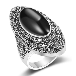 Vintage Bohemian Ring Black Oval Faux Stone Antique Silver Alloy Marcasite Style Baroque Jewelry For Women