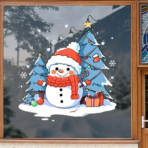 Christmas snowman and blue trees static window sticker for festive holiday glass decoration