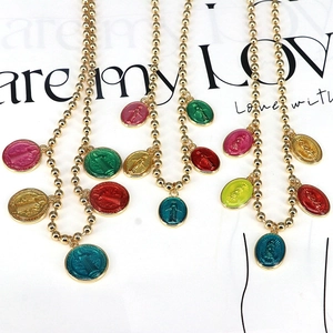 Ethnic style colorful enamel religious pendant necklaces with golden bead chains for women