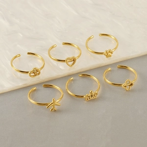 Set of 6 gold stainless steel open rings with heart and lucky cloud charms for women