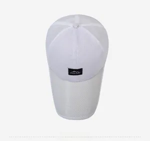 Top view of a white breathable full mesh baseball cap with Mount Hood black label detail