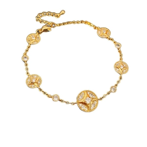 18K gold plated bracelet featuring five starburst circular charms with white zircon stones