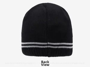 Rear view detail of black knit winter beanie with grey stripes for windproof warmth