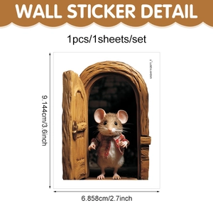 Sticker mural 3D petit trou de souris avec souris en chemise rouge devant une porte bois