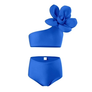 Maillot de bain deux pièces bleu roi pour filles avec haut asymétrique et fleur 3D