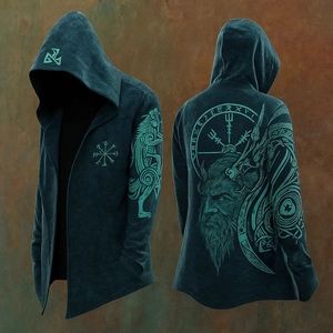 Detail of Viking hoodie featuring intricate Odin print and Nordic runes in teal
