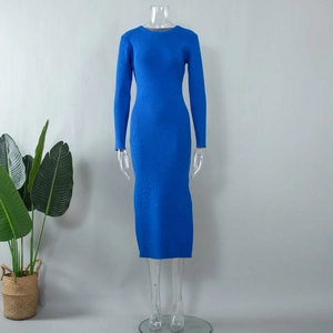Detail view of royal blue knit dress featuring vertical ribbed texture and crew neckline