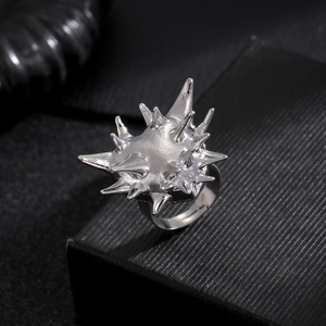 Macro shot of silver spike punk ring with hedgehog style 3D design on black jewelry box