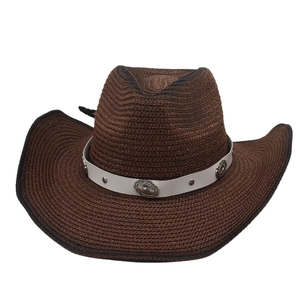 Dark brown straw cowboy hat with vintage metal studs and white leather band decoration