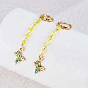 18k gold plated stainless steel drop earrings with yellow beads and enamel bird charms
