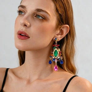 Vintage palace style floral drop earrings with colorful gemstones and golden setting