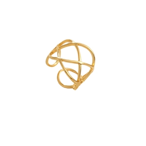 Macro shot of gold adjustable open ring with hollow geometric mesh pattern