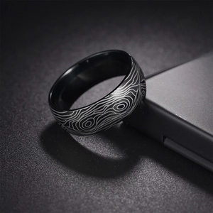 Damascus pattern titanium steel ring with black wood texture and smooth inner surface