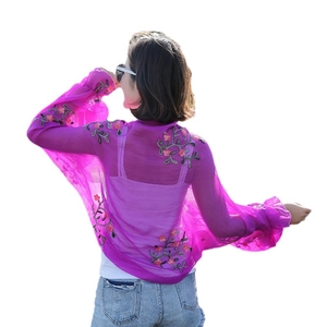 Floral embroidered purple chiffon sunscreen cardigan for women with long flared sleeves