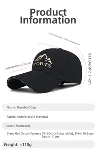 Close-up of black baseball cap featuring golden mountain and SPORTS letter embroidery