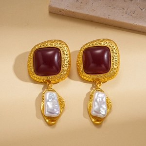 Vintage gold square earrings with red stone and baroque pearl drops for women