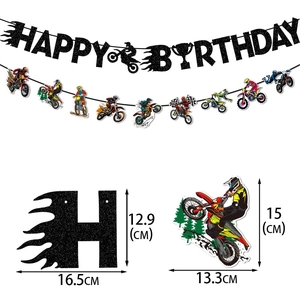 Motorcycle birthday party banner with black glitter HAPPY BIRTHDAY letters and riders