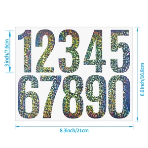 3 inch holographic vinyl numbers 0-9 stickers with size measurements on white background