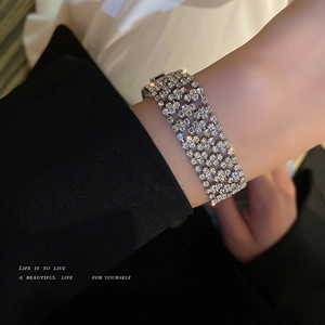 Luxury Wide Full Rhinestone Bangle Bracelet For Women Silver Color Multi Row Inlaid Geometric Hand Jewelry Fashion Gift