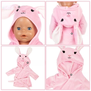 Detailed views of pink bunny doll bathrobe showing reverse side, tile display, and sewing