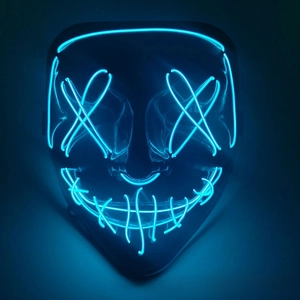 Detailed view of LED light-up mask with blue glowing wire eyes and stitched mouth design