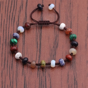 Detail of multi-color stone beaded bracelet with adjustable dark brown woven rope