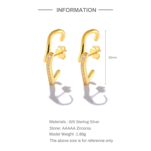 Detail of S925 sterling silver wave earrings with AAAAA zirconia and size specifications