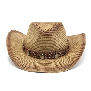 Vintage woven straw cowboy hat with ethnic geometric band and antique metal coin charms